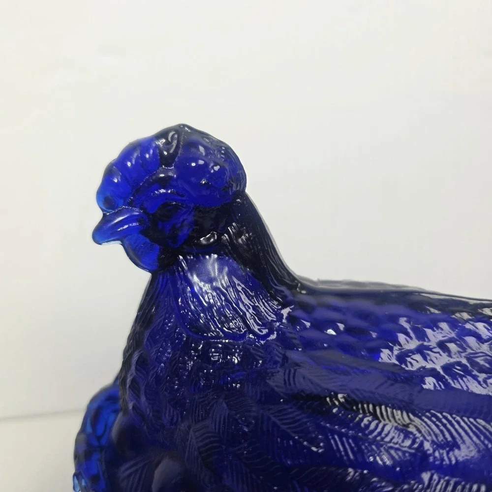 Vintage Hen On Nest Cobalt Blue  Glass Candy Dish 5